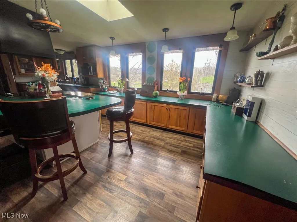 Bar with dark countertops, brown cabinetry, dark wood-style floors, and decorative light fixtures