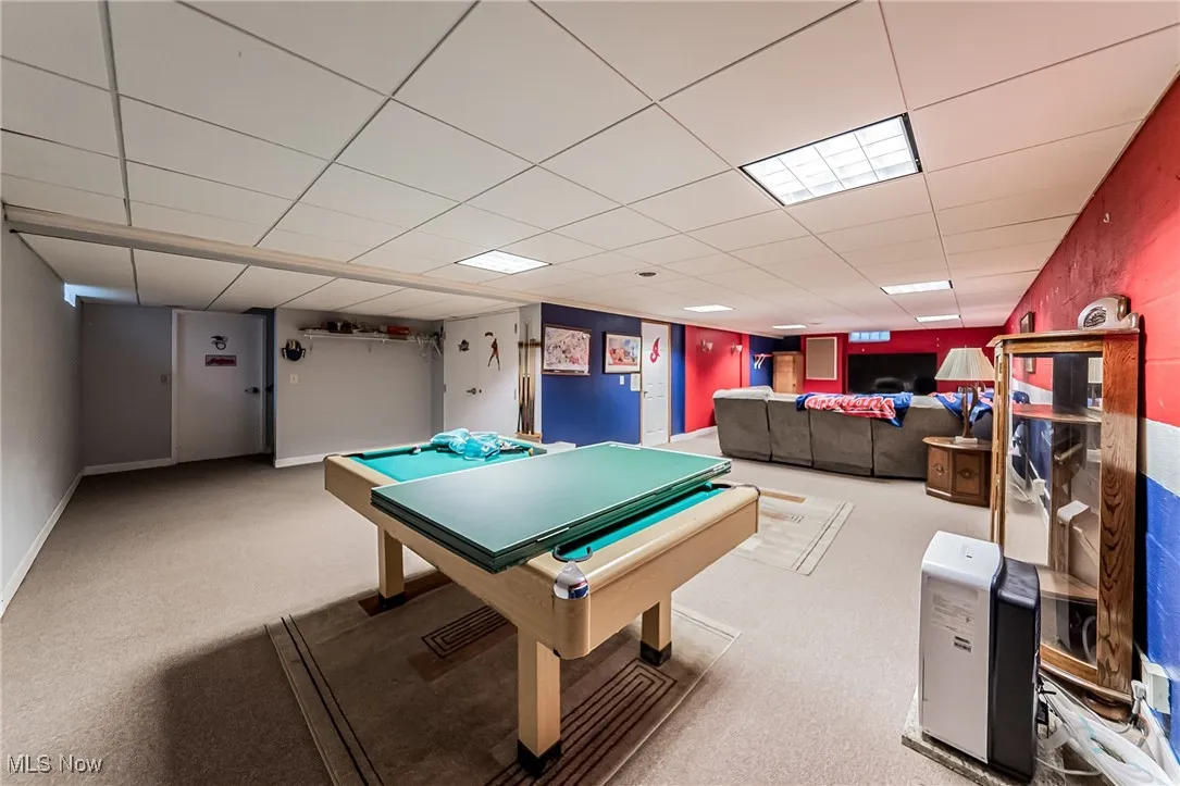Playroom with pool table, carpet flooring, and a drop ceiling