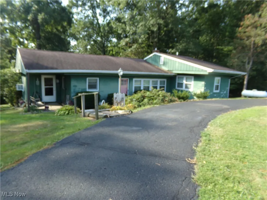 Ranch-style house featuring driveway, a front lawn, and view of scattered trees