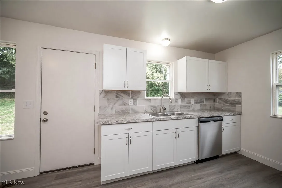 Kitchen with white cabinetry, backsplash, dishwasher, and dark wood-style flooring