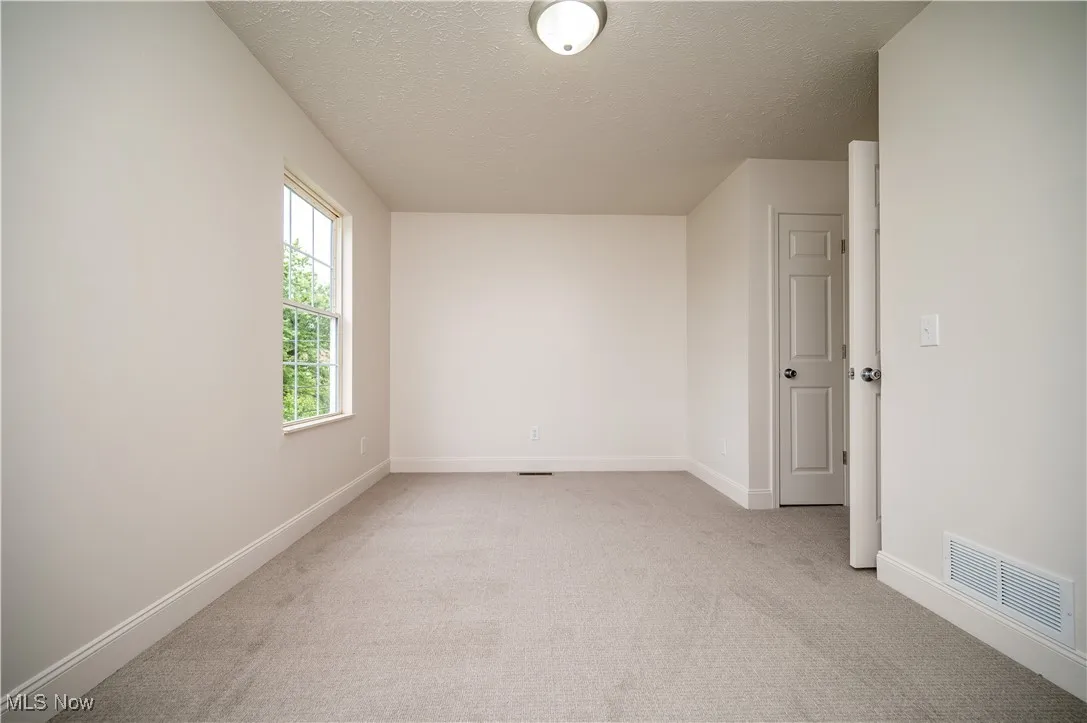 Unfurnished room with light colored carpet and a textured ceiling