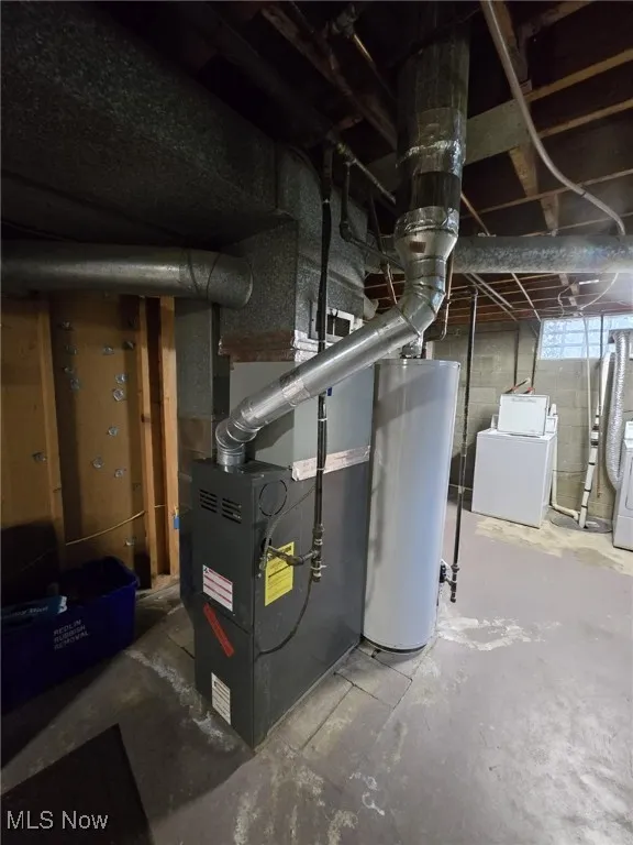 Utilities featuring water heater, washer / dryer, and heating unit