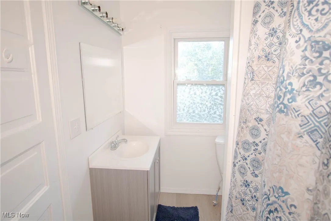 Bathroom with vanity and wood finished floors