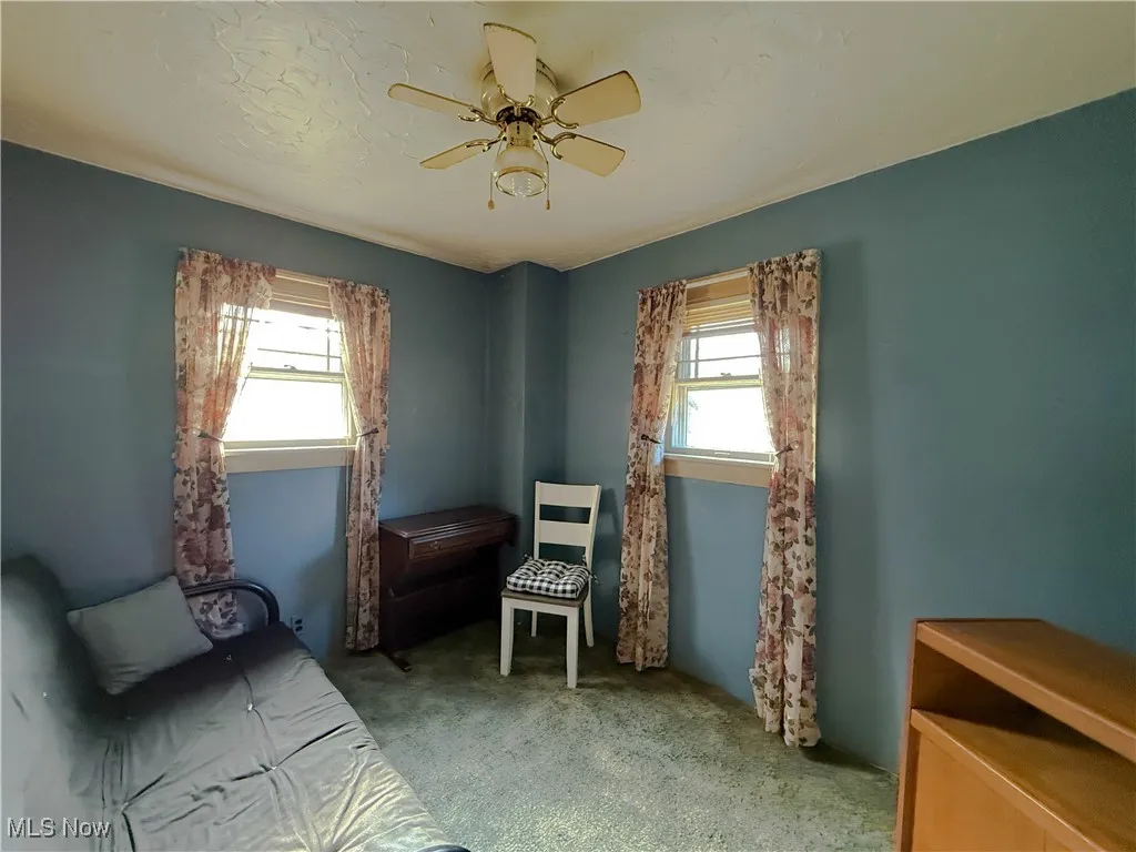 Sitting room with carpet and a ceiling fan