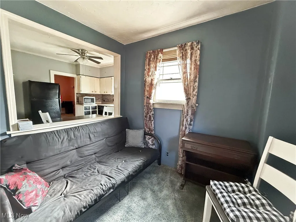 Living room with dark colored carpet and a ceiling fan