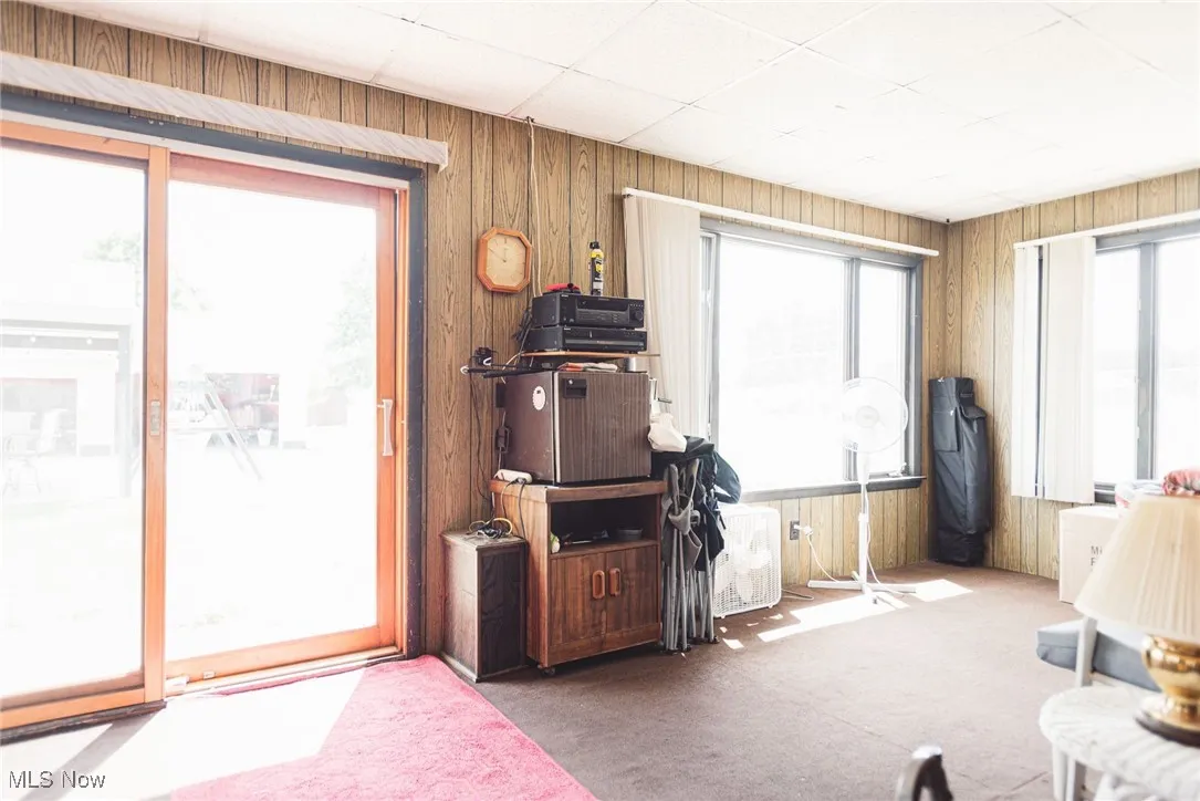 Carpeted living area with wood walls