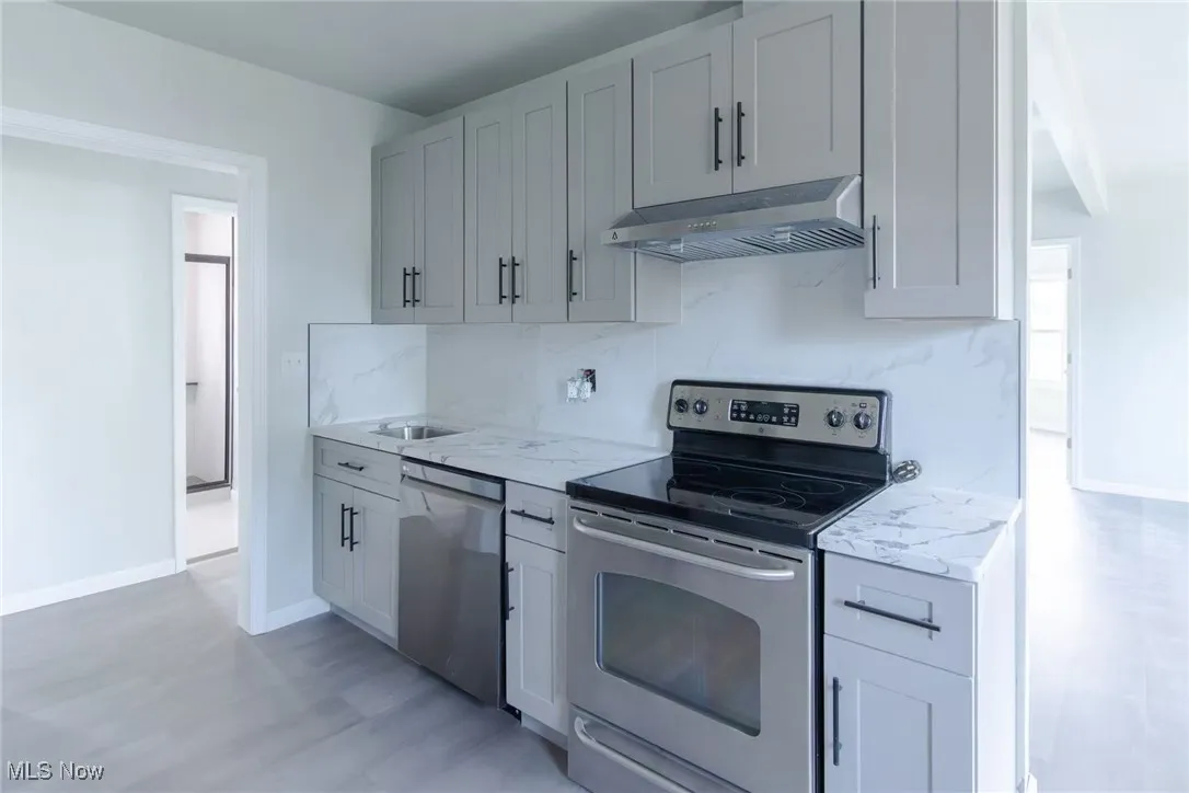 Kitchen with stainless steel appliances, under cabinet range hood, decorative backsplash, light stone counters, and light wood-style flooring