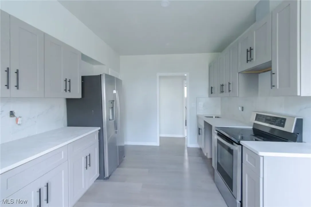 Kitchen featuring tasteful backsplash, stainless steel appliances, and light wood-style flooring