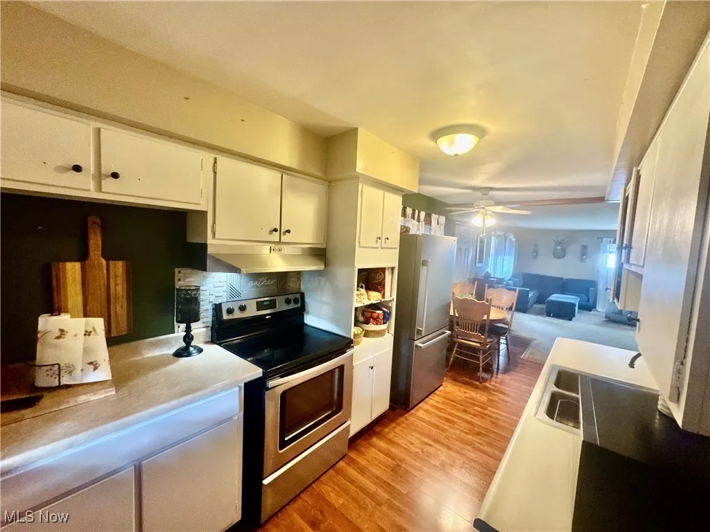 Kitchen with stainless steel appliances, light wood-style floors, white cabinetry, and a ceiling fan