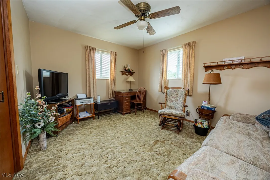 Living room with light colored carpet, plenty of natural light, and ceiling fan