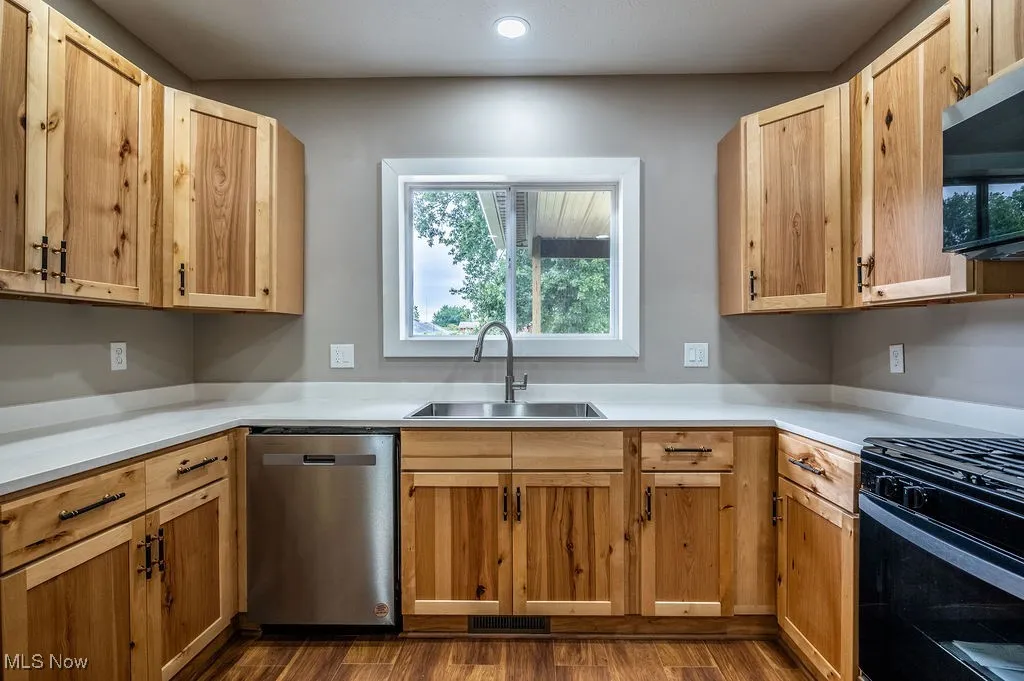 Kitchen featuring stainless steel appliances, dark wood finished floors, light brown cabinetry, and recessed lighting