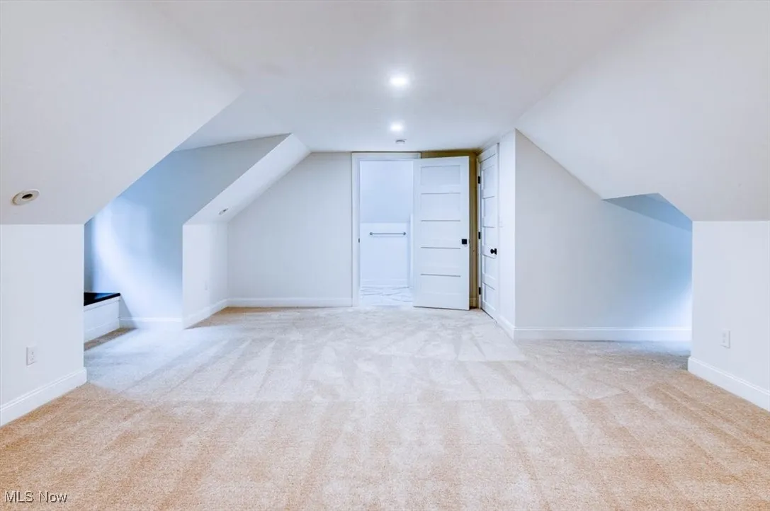 Additional living space featuring light colored carpet and lofted ceiling