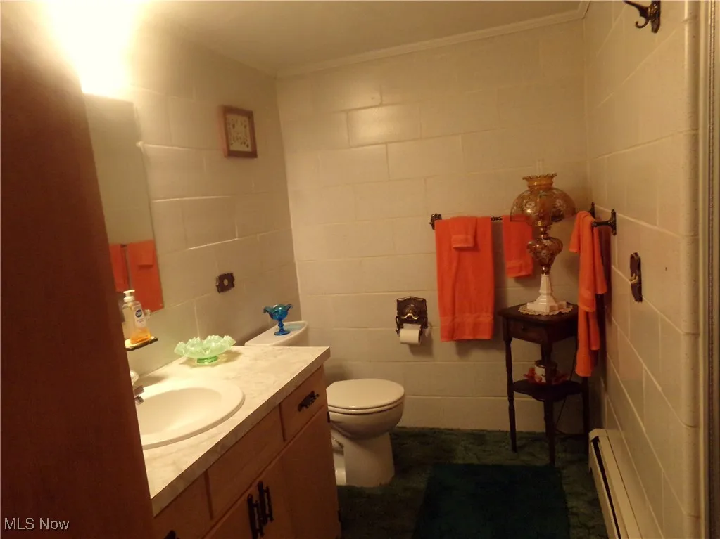 Bathroom featuring a baseboard radiator, vanity, and ornamental molding