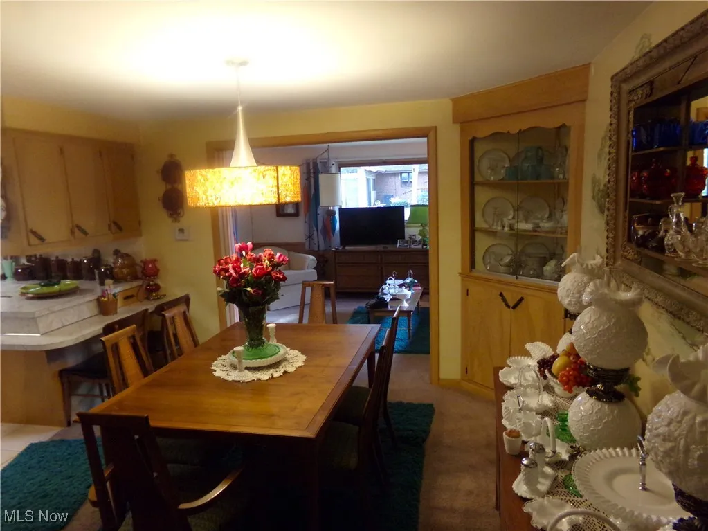 Dining space featuring light colored carpet