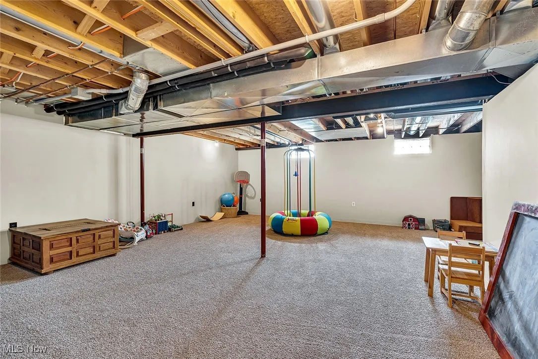 Basement with carpet flooring