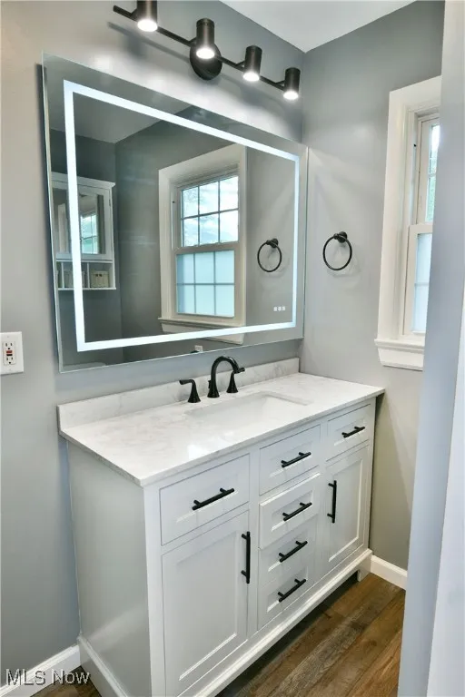 Bathroom featuring vanity and dark wood-style flooring