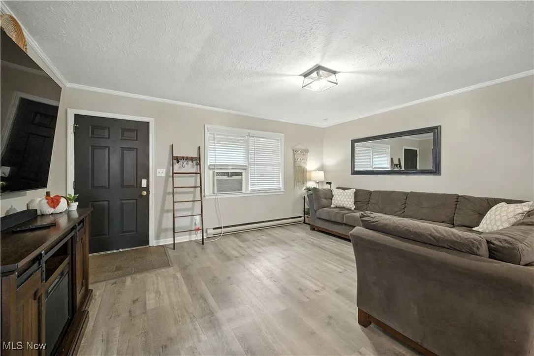 Living room with crown molding, light wood-type flooring, a baseboard heating unit, a textured ceiling, and cooling unit