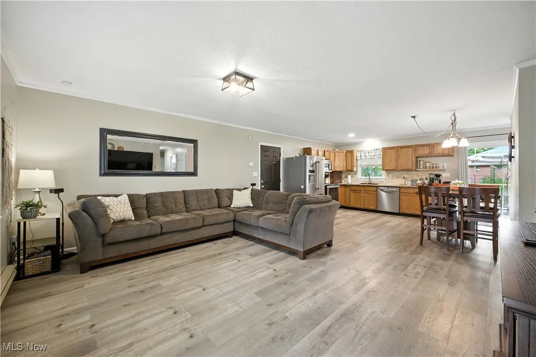 Living area featuring ornamental molding and light wood-style floors