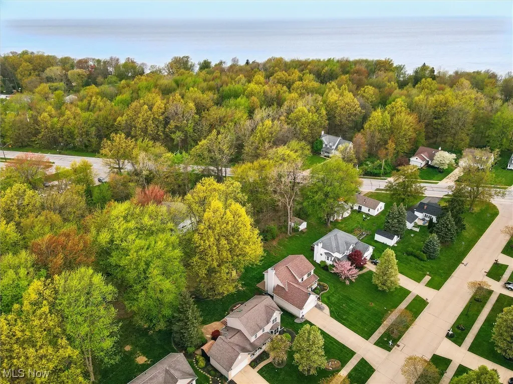 Drone / aerial view featuring a wooded view