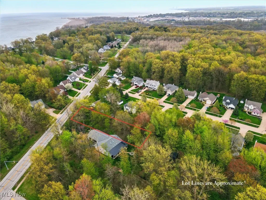 Drone / aerial view featuring a water view, a view of trees, and a residential view