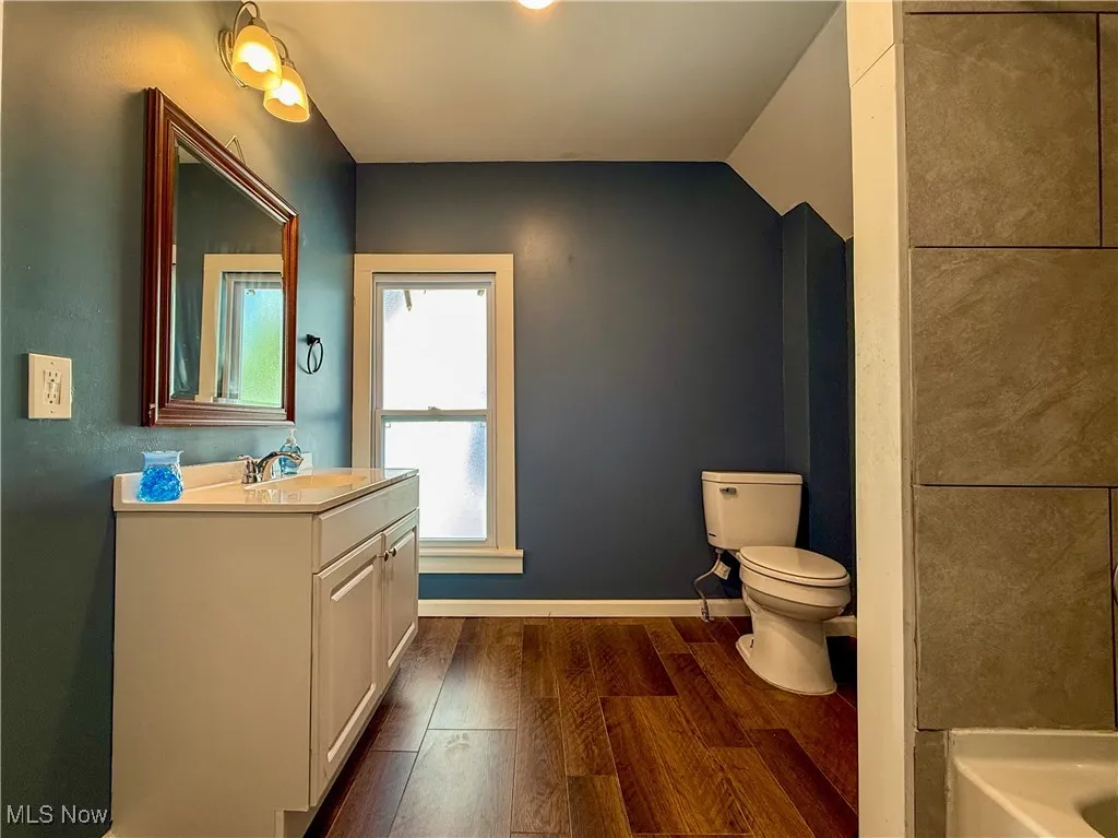 Full bath featuring darkd finished floors, vanity, a tiled bath