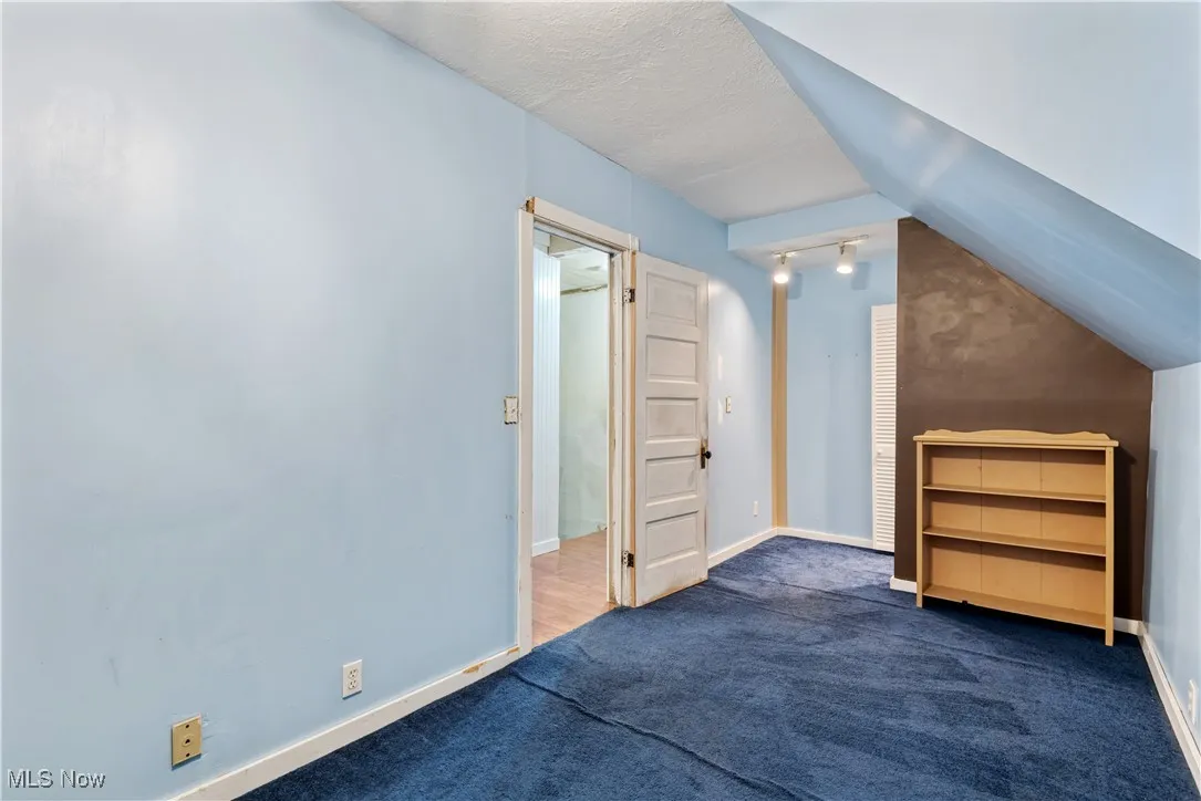 Bonus room with a textured ceiling, carpet, and lofted ceiling