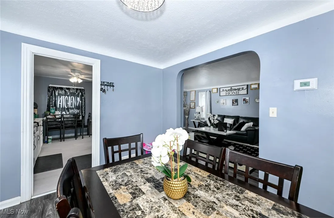Dining space with a textured ceiling, arched walkways, wood finished floors, and ceiling fan