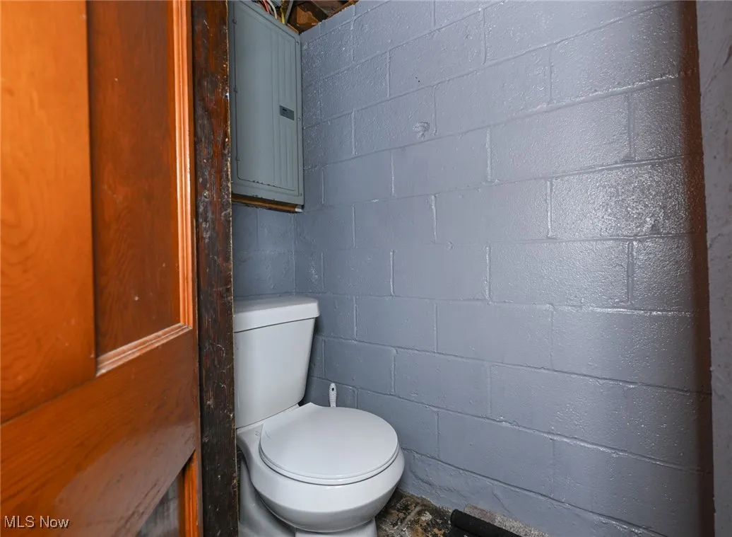 Bathroom with toilet and electric panel in basement