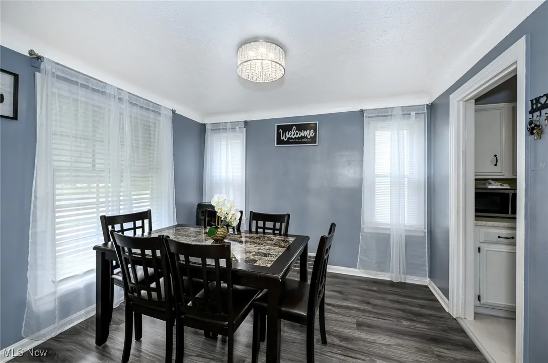 Dining area with dark wood-style flooring and a textured ceiling
