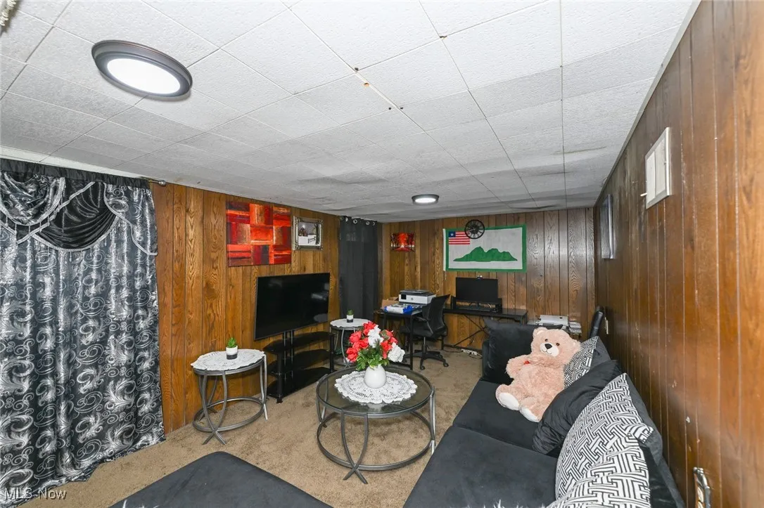 Carpeted living room with wooden walls and a paneled​​‌​​​​‌​​‌‌​‌‌​​​‌‌​‌​‌​‌​​​‌​​ ceiling