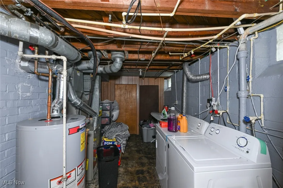 Basement with water heater, independent washer and dryer, and heating unit