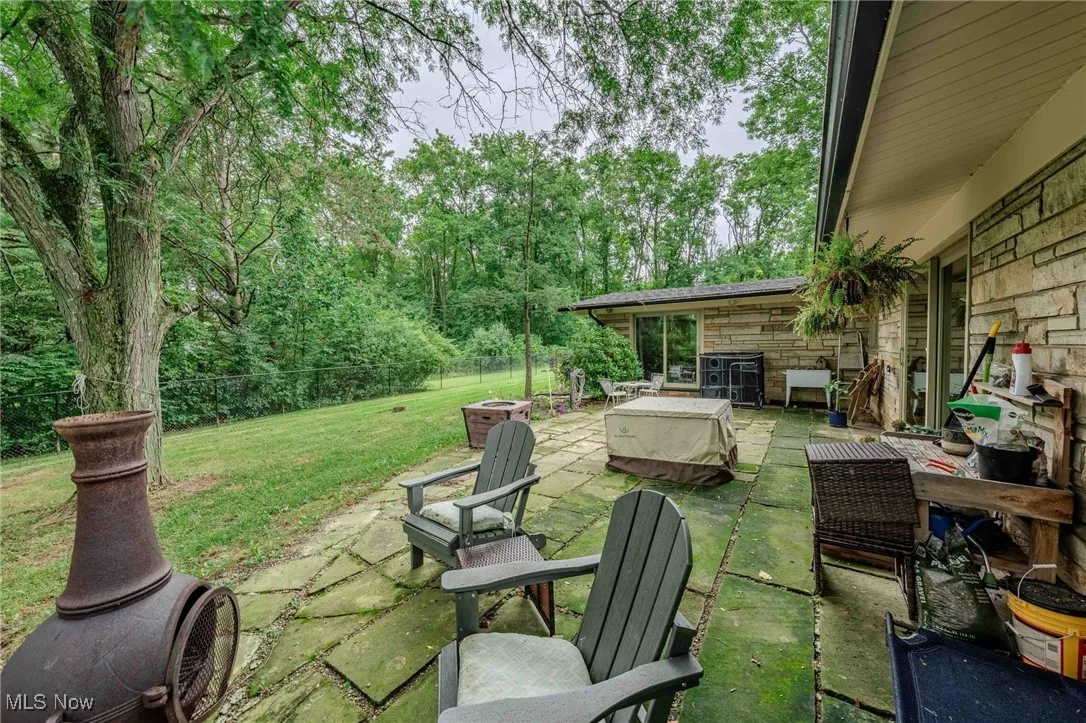 Fenced backyard with a patio area and an outdoor fire pit