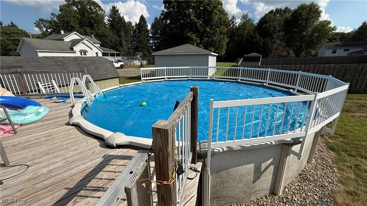 View of swimming pool with a deck!