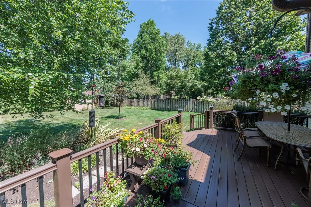 Wooden terrace featuring a fenced backyard and outdoor dining space