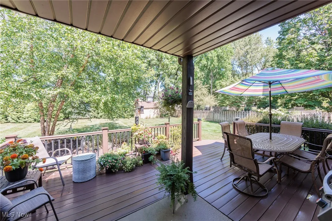 Wooden deck featuring outdoor dining area and a fenced backyard