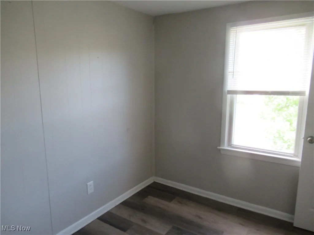Spare room with baseboards and dark wood-style flooring