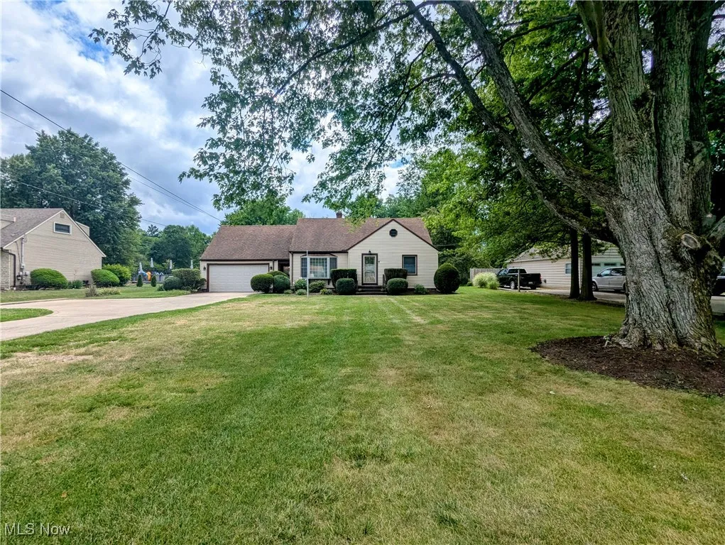 Cape Cod style home featuring driveway with parking pad, an attached garage, and a deep front lawn with large shade​​‌​​​​‌​​‌‌​‌‌​​​‌‌​‌​‌​‌​​​‌​​ tree