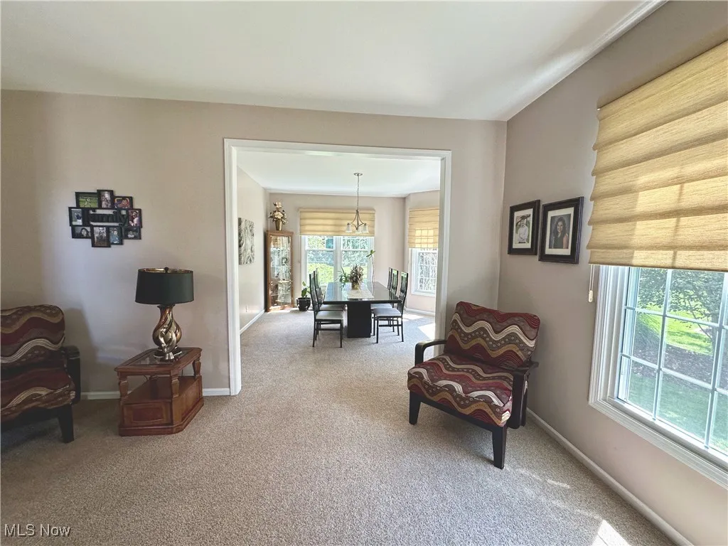 Sitting room featuring carpet and a chandelier