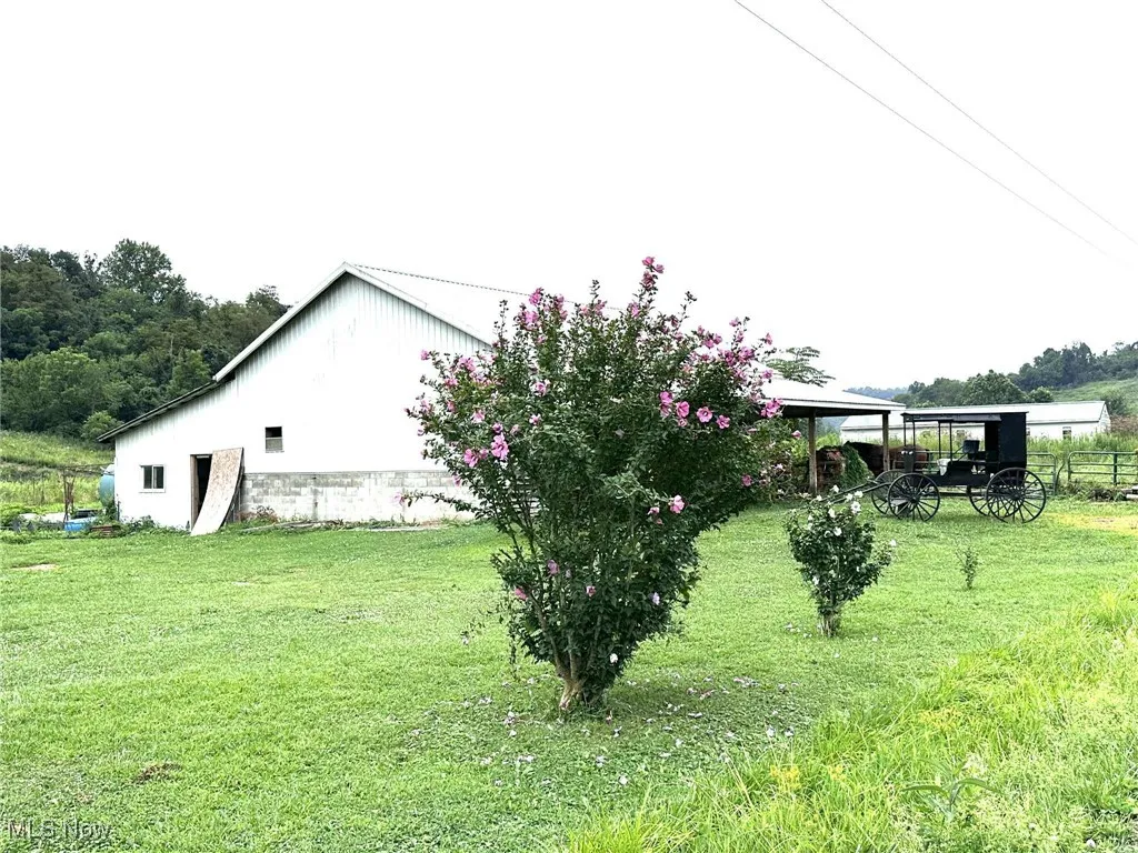 View of green lawn featuring an outbuilding