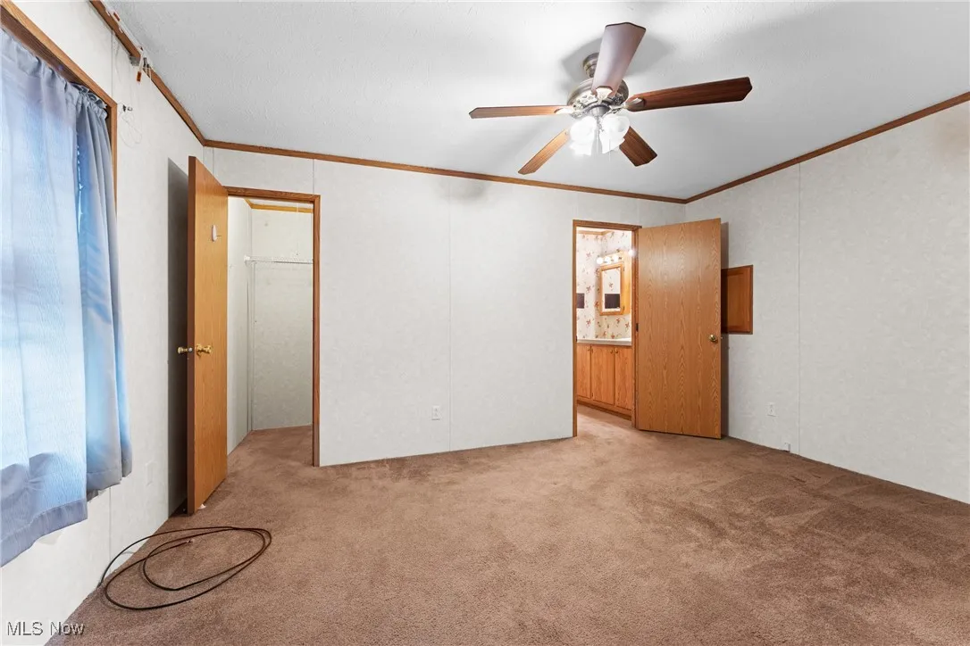 Unfurnished bedroom with ornamental molding, a ceiling fan, light colored carpet, connected bathroom, and a spacious closet