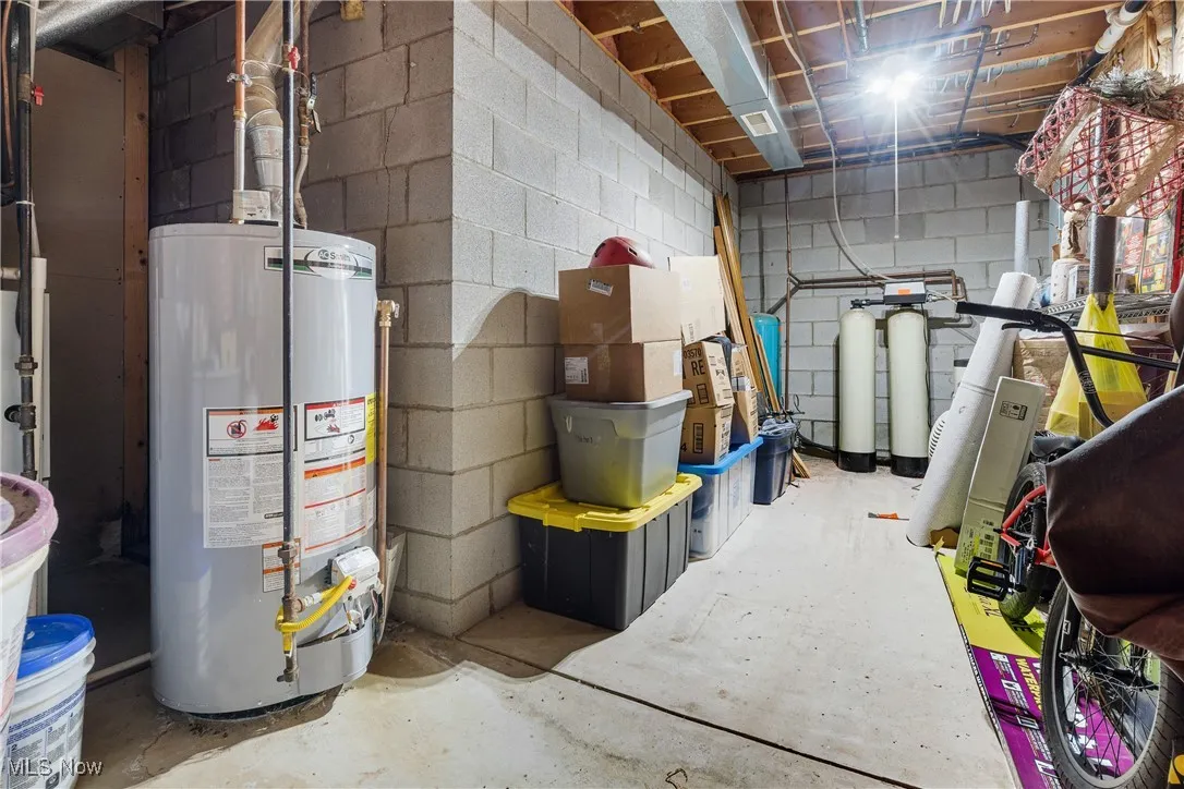 Unfinished basement with gas water heater and a water softener