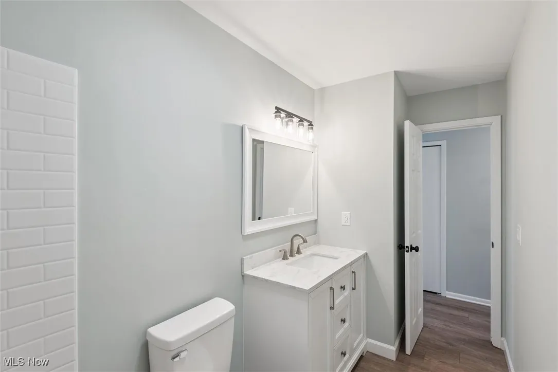 Bathroom featuring vanity and dark wood-type flooring