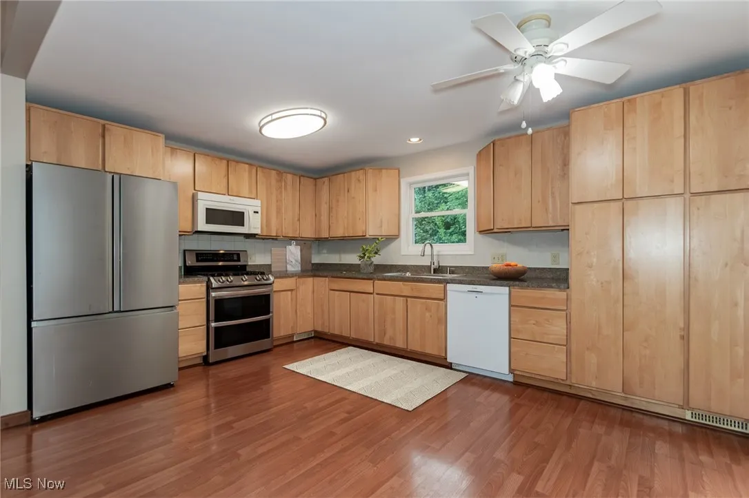Kitchen featuring light brown cabinetry, stainless steel appliances, dark wood-type flooring, dark stone counters, and a ceiling fan
