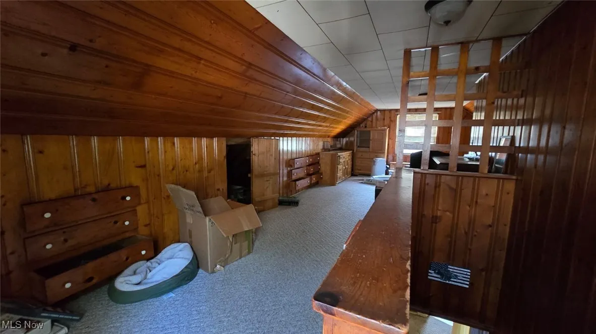Bonus room with wood walls, vaulted ceiling, and carpet
