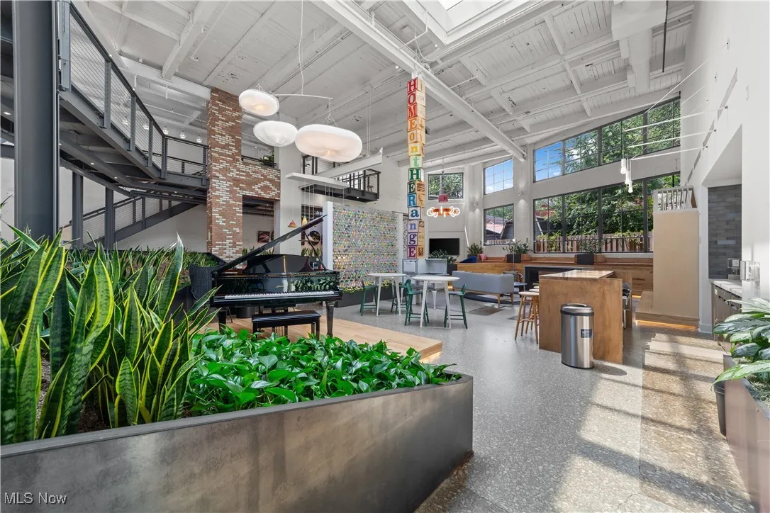 View from entry into community living and working space
