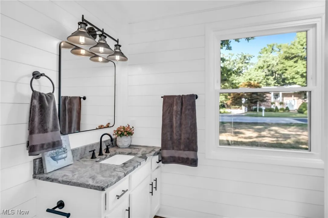 Half bath with vanity and wooden walls