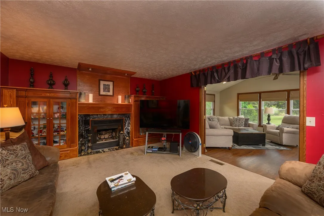 Living area with a premium fireplace, a textured ceiling, and wood finished floors