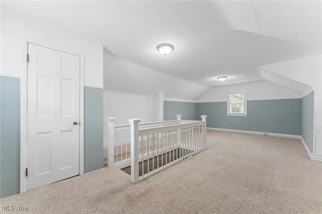 Additional living space with lofted ceiling, carpet, and a textured ceiling