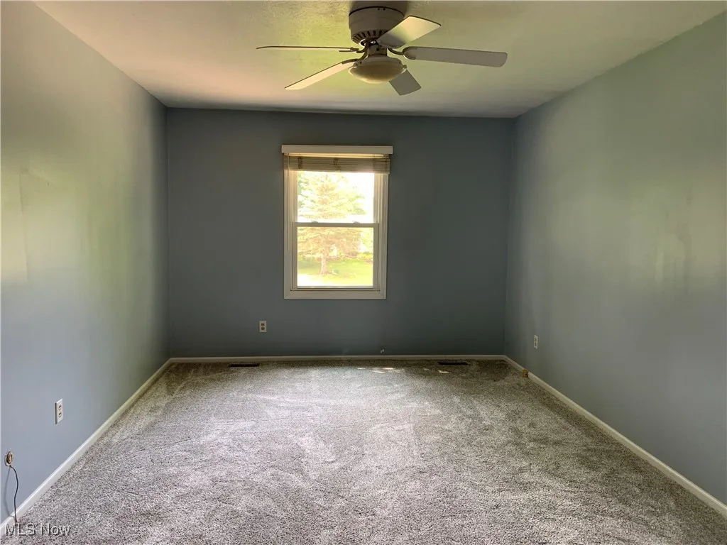 Unfurnished room featuring carpet and a ceiling fan