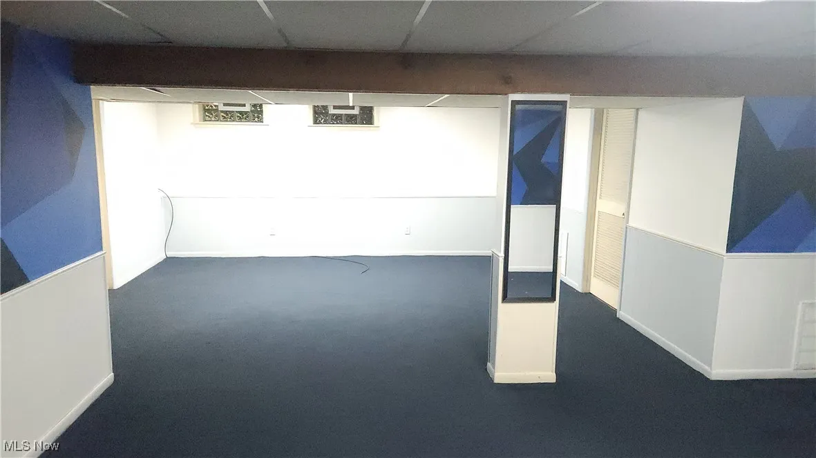 Finished below grade area featuring carpet flooring and a paneled ceiling